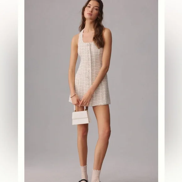 Reformation Jaine tweed gold and pearl tones Mini women Dress size 12